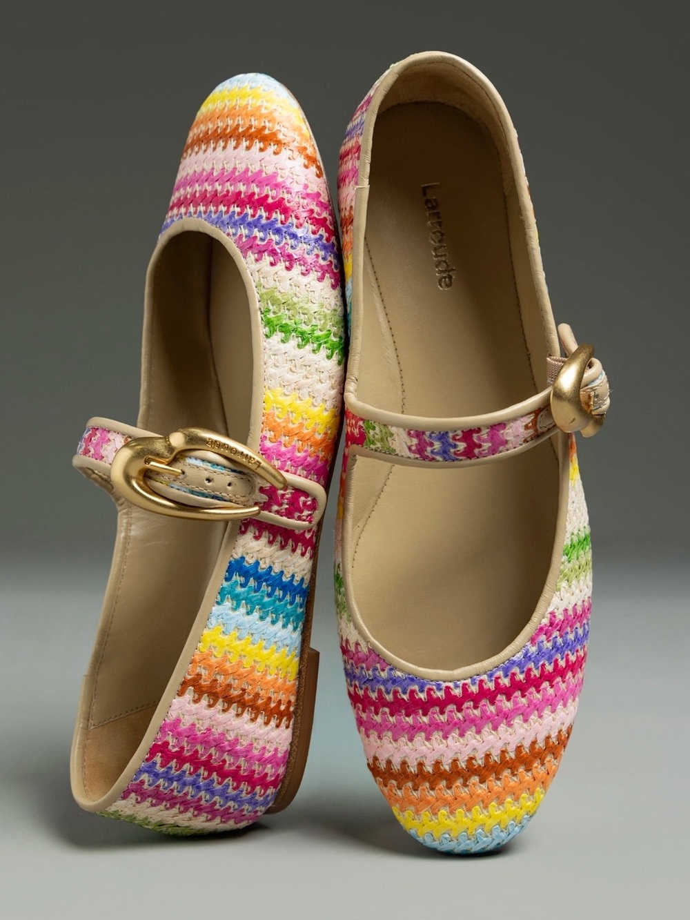 LARROUDE Verona Ballet Flat In Rainbow Raffia and Beige Leather Shoes